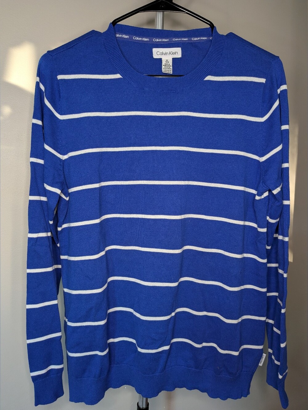 Calvin Klein Royal Blue and White Striped Long-Sleeve Crewneck